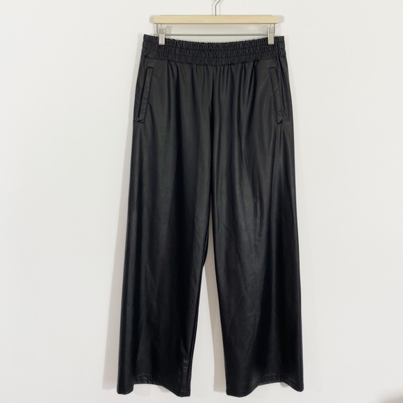 Aerie Offline Large Black Wide Leg Pull on Vegan Leather Pants Elastic Waist - Picture 2 of 10